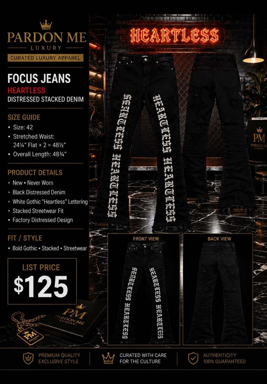 Focus Jeans Black Distressed Heartless Embroidered Stacked Jeans